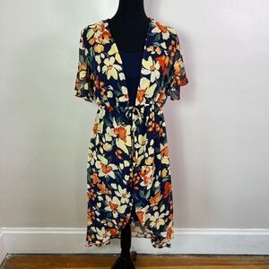 Liberty Love Womens 2 Piece Navy Blue Floral Kimono Duster and Shift Dress Set S